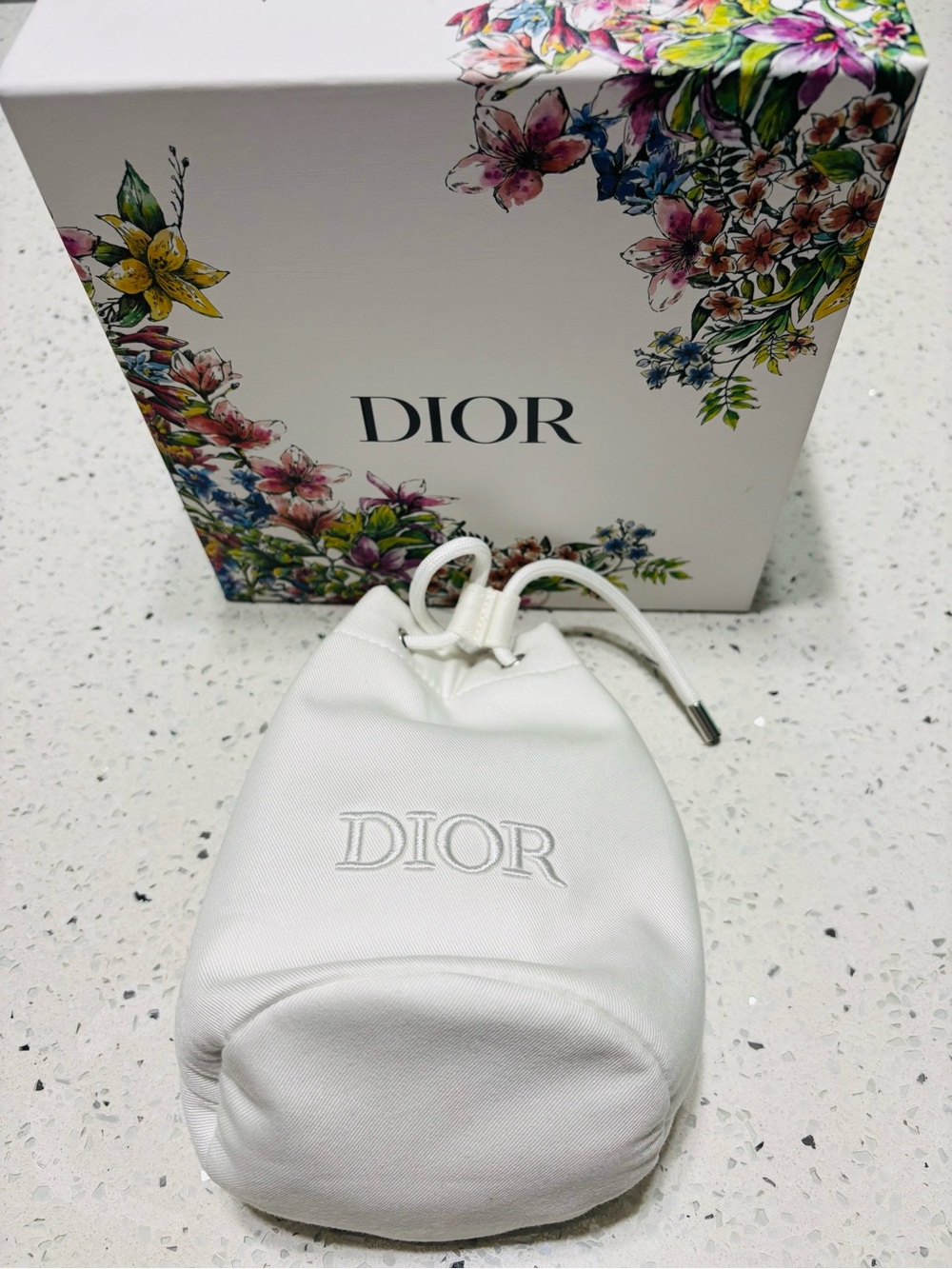 Dior White Embroidered Drawstring Pouch with Floral Gift Box